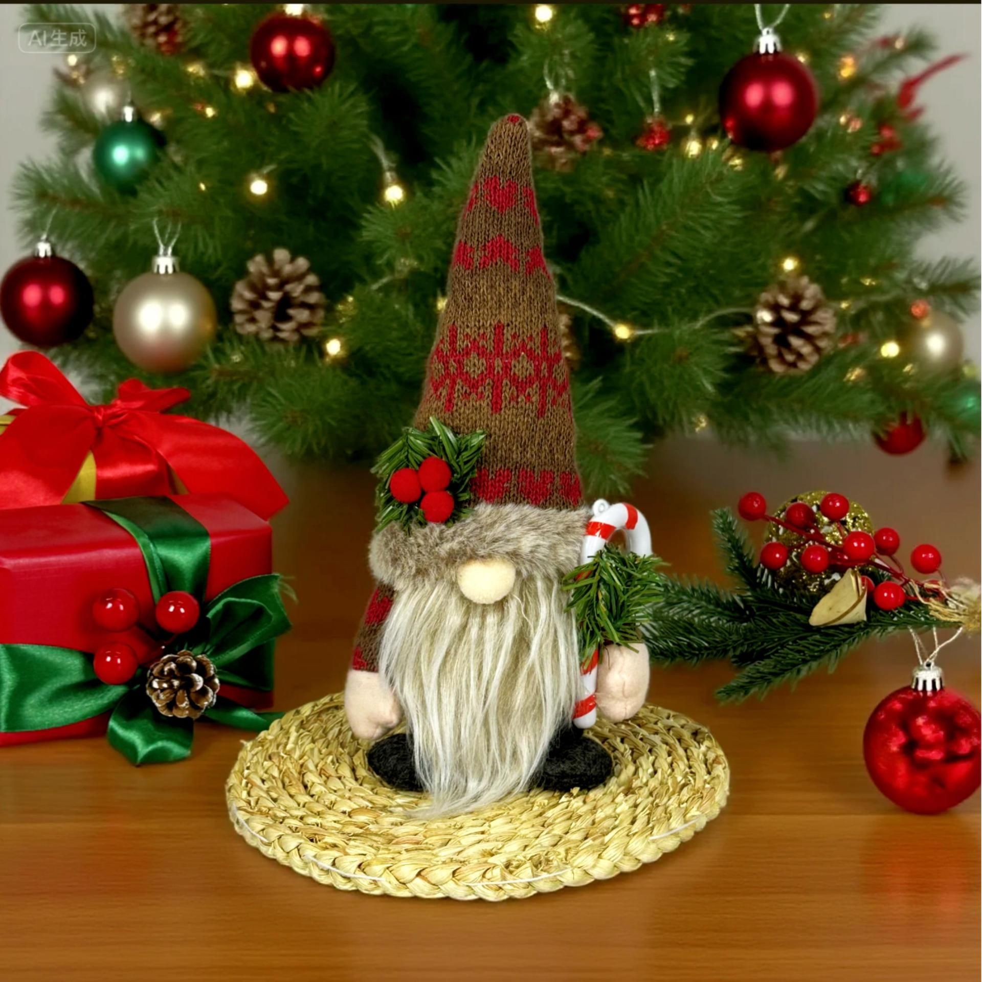 Knitted Hat Rudolph Gnome Figurine | Holding Pine Branches and Skis, Nordic-Style Adorable Ornament Lights Up Christmas./Knitted Snow Hat Doll (for