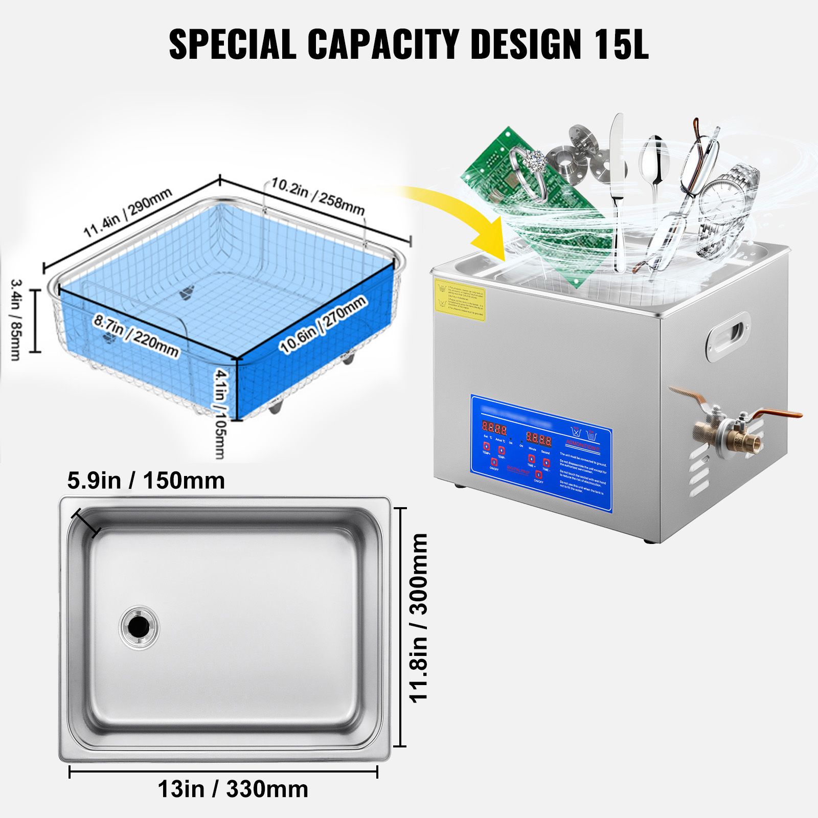 Powerful Stainless Steel 13.5-15 L Liters Ultrasonic Cleaner 360W Digital Heater Timer โ image 6