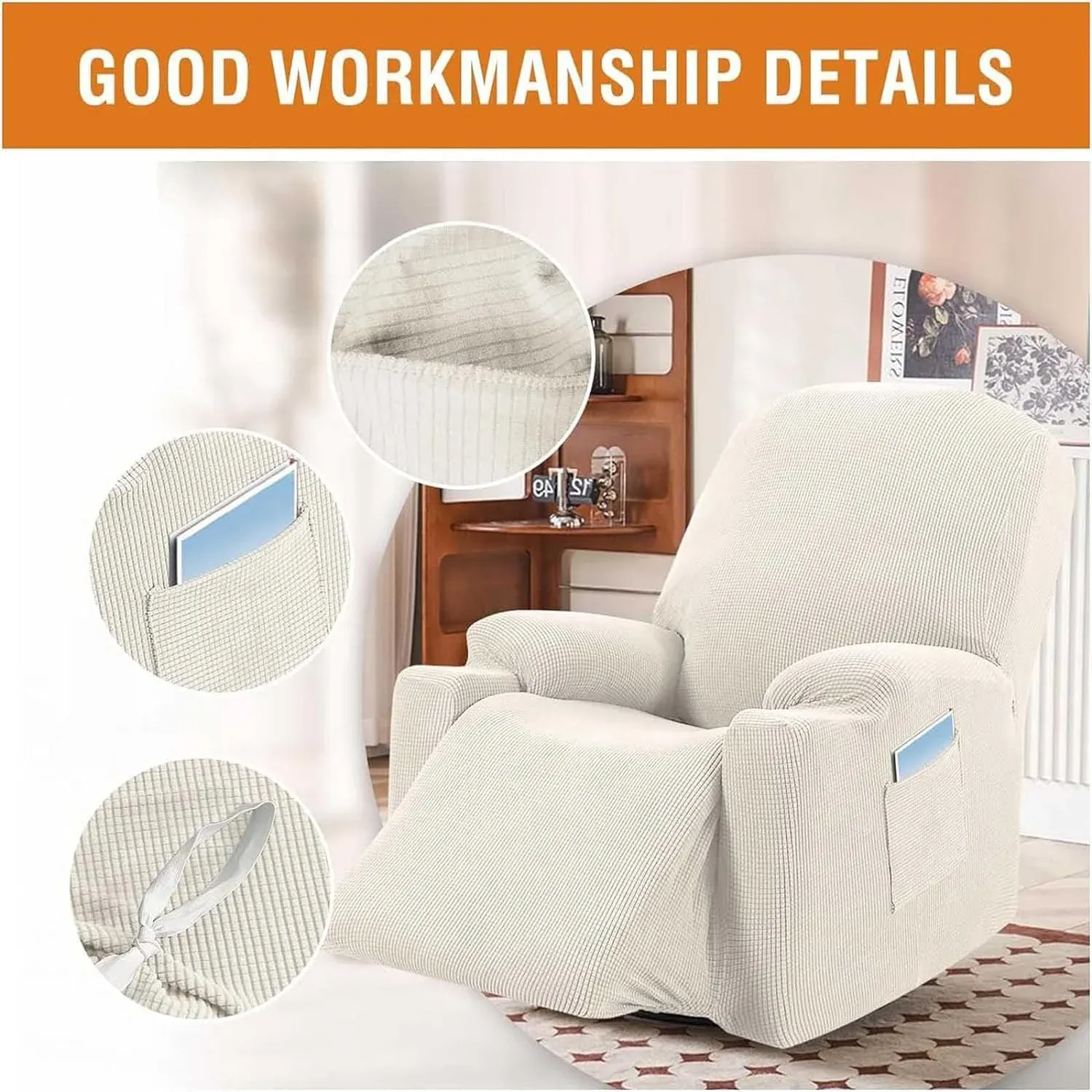 Power Lift Recliner Slipcover, High Stretch Soft Jacquard Fabric with Side Pocket, Fitted Cover for Standard Recliner Chair, Cream, Letter H Option โ image 4