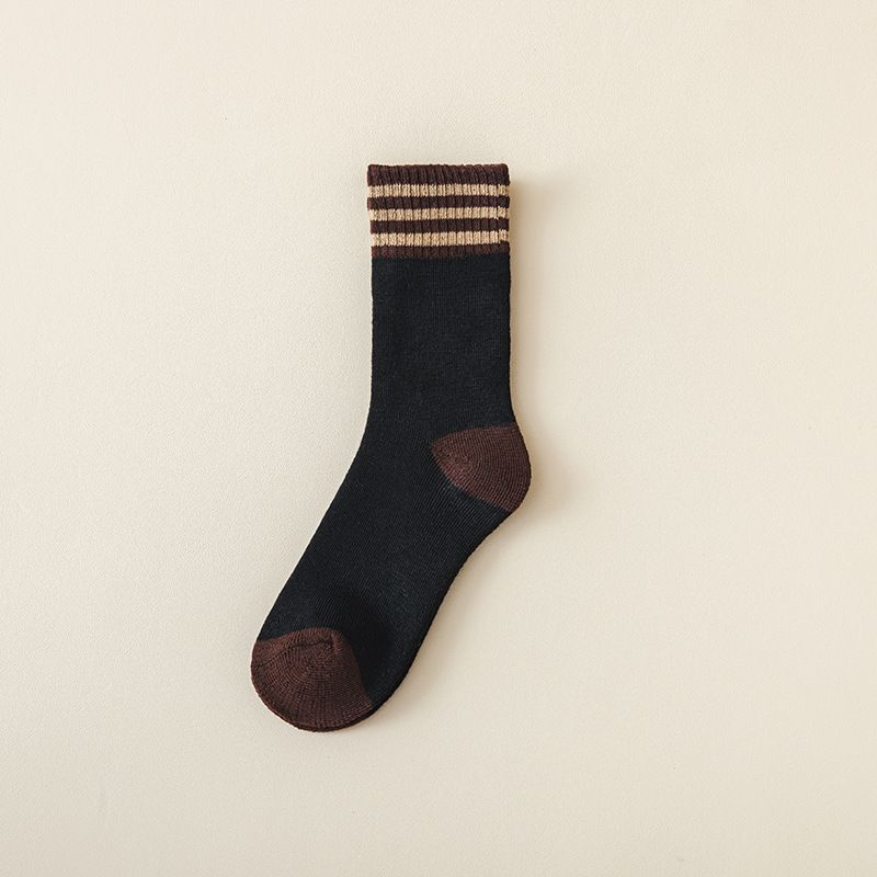 Colour Block Mid-Calf Socks, Thick Terry Knit with Striped Ribbed Cuff and Reinforced Toe, 5 Pairs, Black — image 2