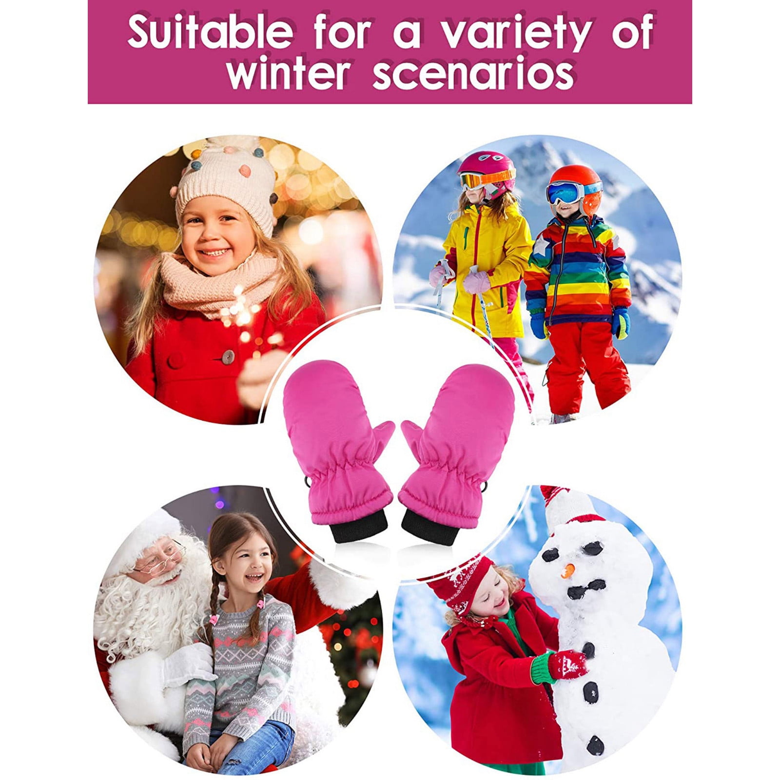 2 Pairs Kids Winter Snow Mittens, Waterproof Warm Stretchy Gloves for Boys and Girls, Ages 6-11, Hot Pink and Pink โ image 5