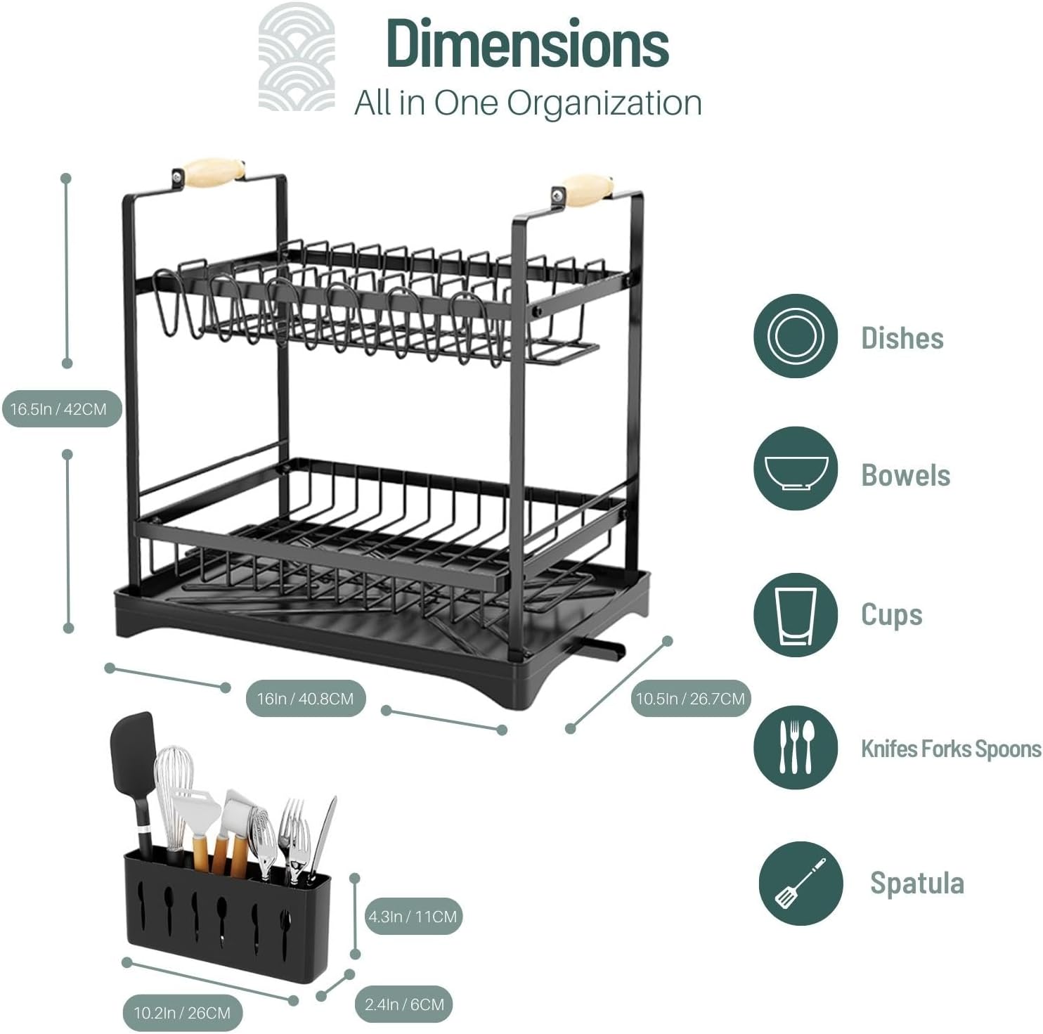 CARLA HOME 2-Tier Large Dish Drying Rack with Drainboard, Utensil Holder, Glass Hooks & Cutlery Storage (Black) — image 2