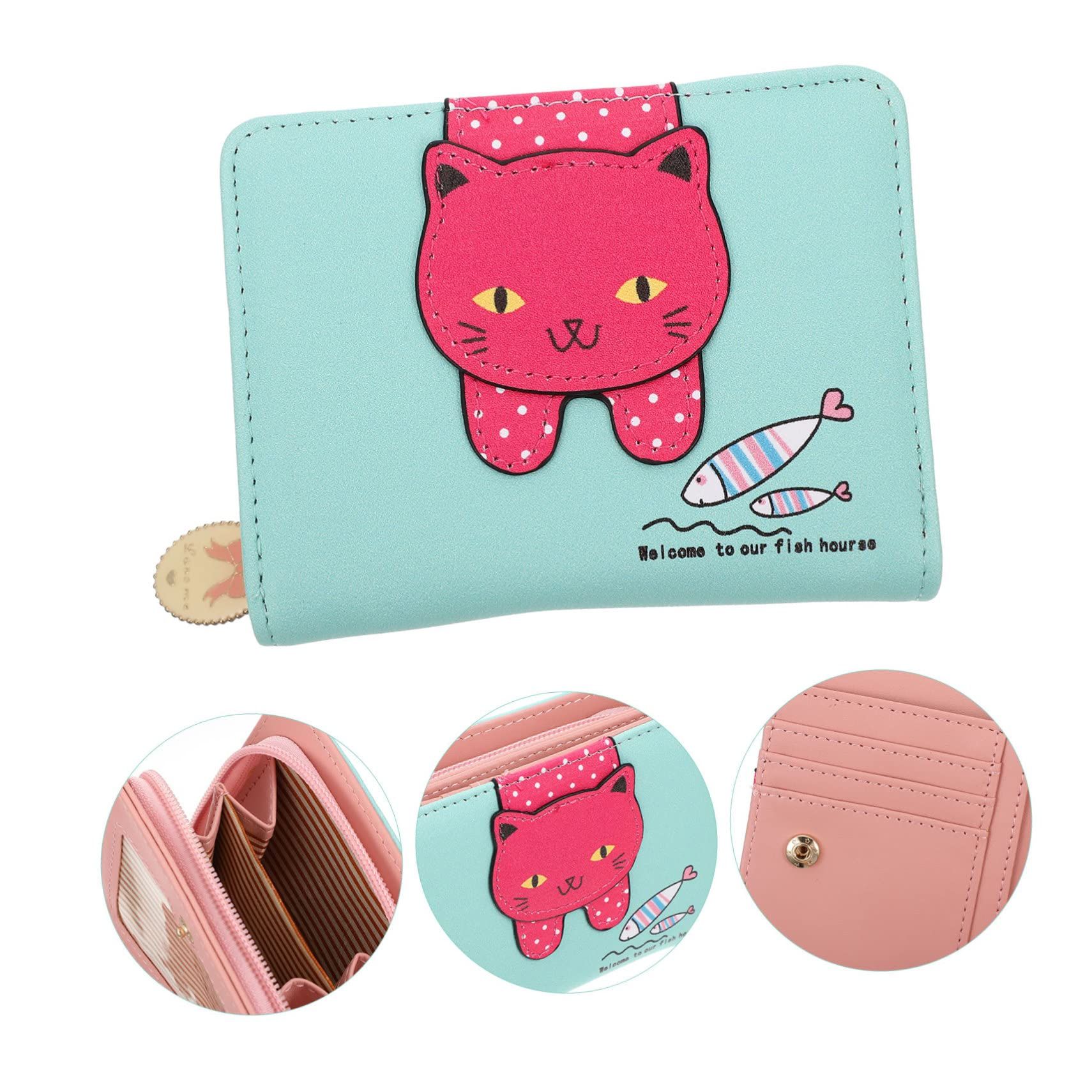 Girls,Faux Leather Wallet Cute Cat Wallet Cat Pattern Purse Coin Holder Card Organizer,Bifold,Spacious(Green) — image 4