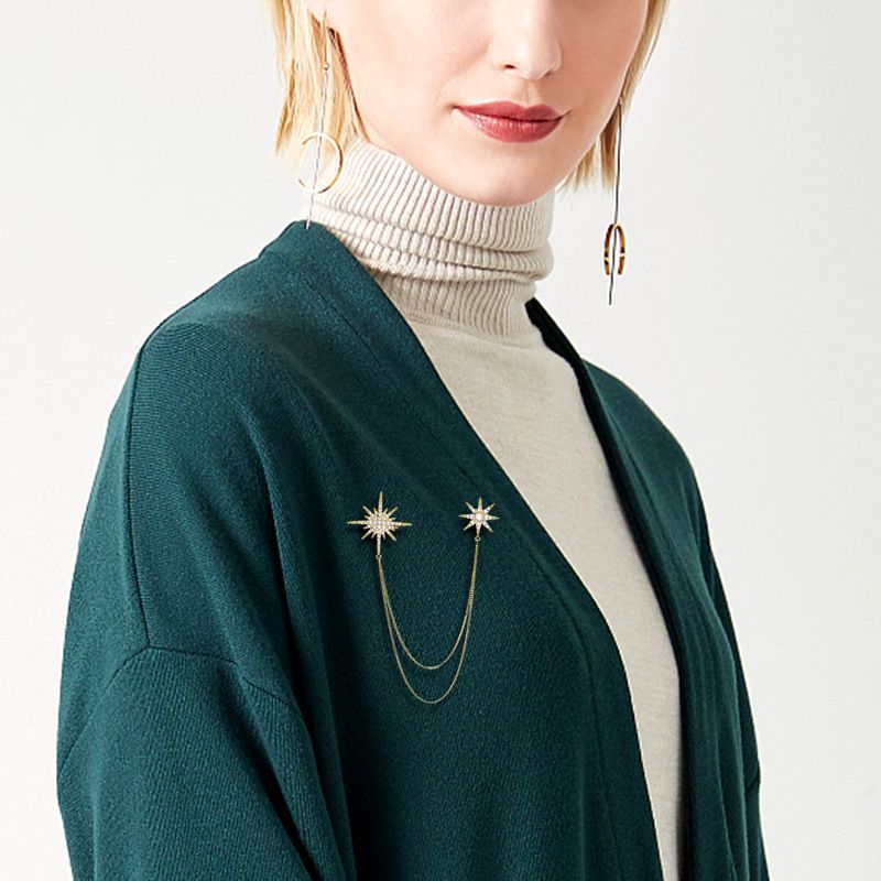 Asymmetric Star Chain Brooch - Rhinestone Double Star Pin with Layered Chains, Elegant Lapel Badge for Women Blazer Coat Dress, Gold Tone โ image 2