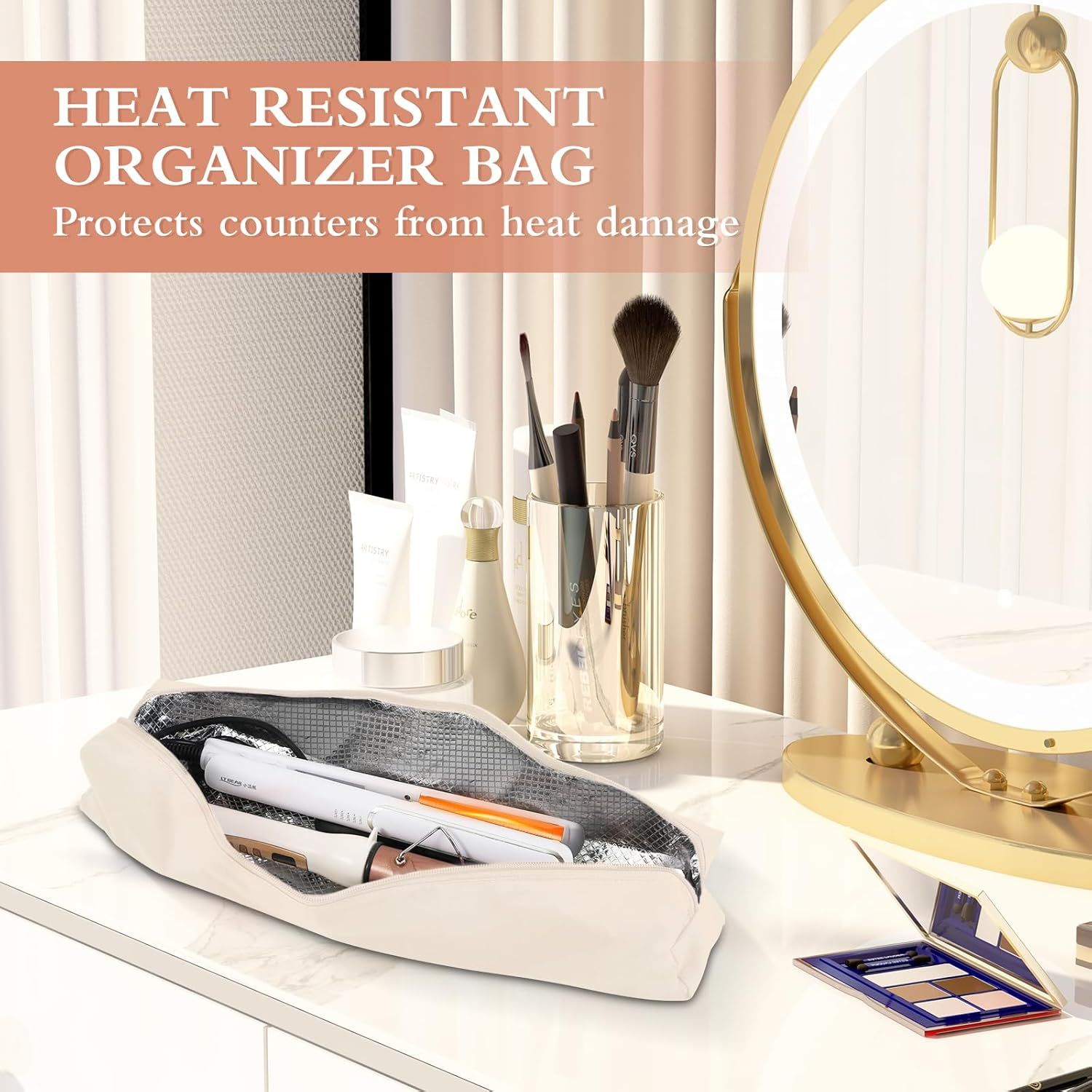 Hot Hair Tools Organizer Bag Portable Travel Heat Resistant Storage Case Pouch for Curling Irons, Flat Irons, Hair Straighteners and Styling Tools(beige) — image 2