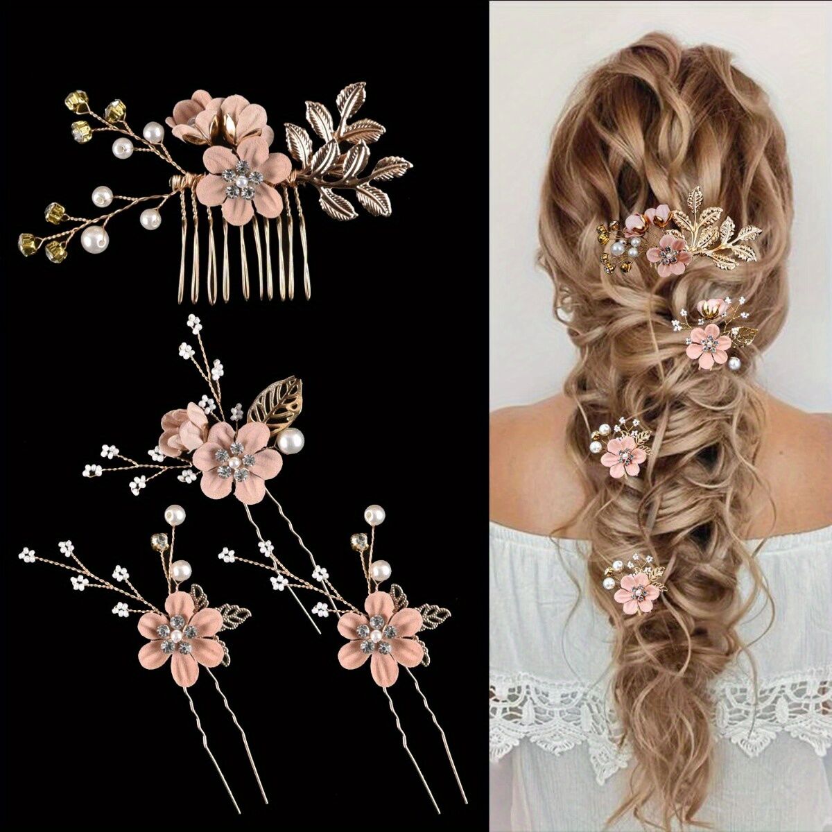WHITE 4-Piece Elegant Light Luxury Pearl Flower Hair Accessories Set, Bridal Wedding Hairpin and Hairpin Headdress Set, Bridesmaid Gift Banquet Ornament Set โ image 6