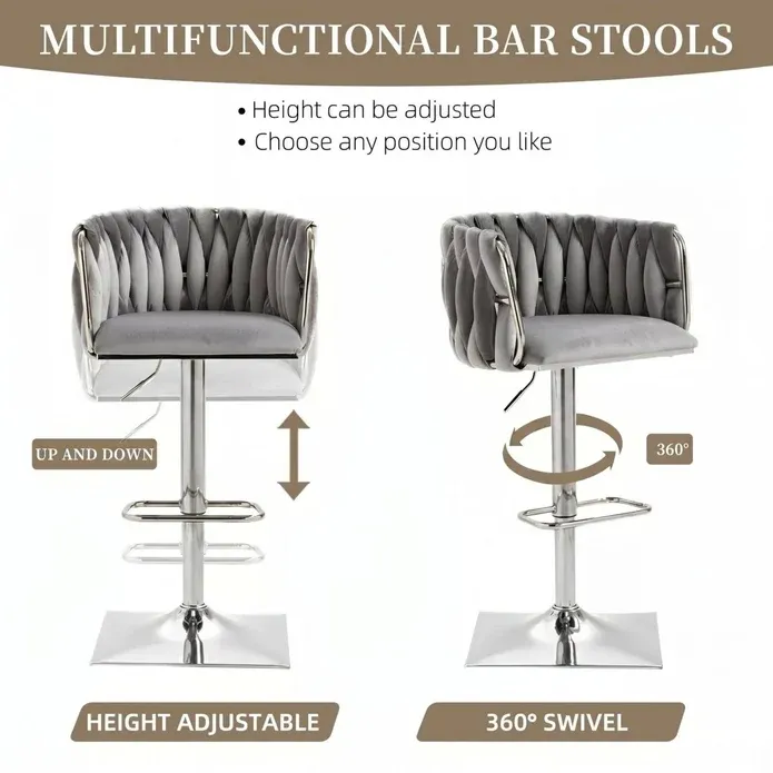 SERENITà Modern Velvet Breakfast Bar Stools Swivel Barstools Adjustable Counter Stools with Backrest (Silver-Grey) — image 2