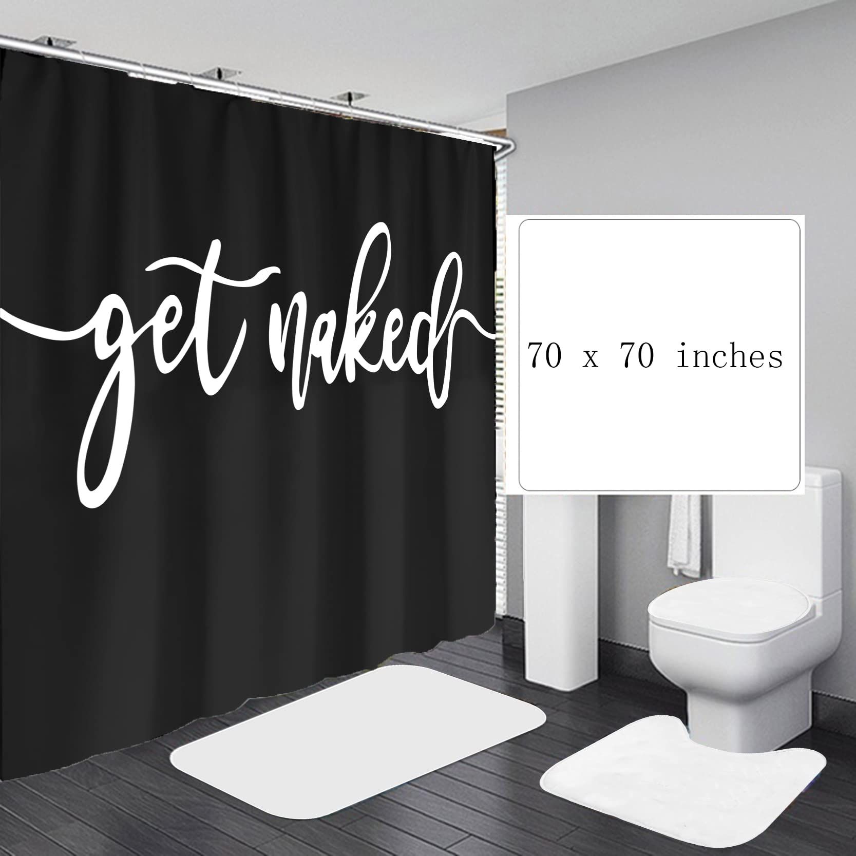 Trendy Shower Curtain White Waffle Funny Words Get Naked on Black Background Durable Waterproof Interesting Cute Bath Curtain โ image 2