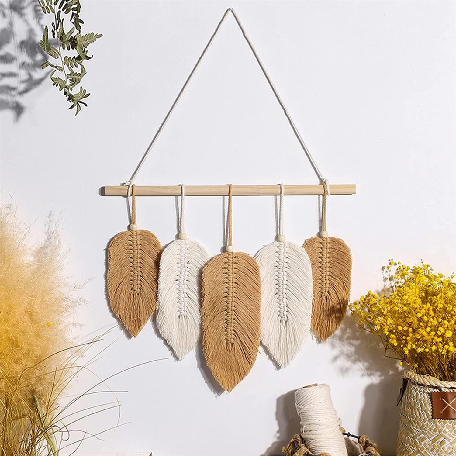 Wall Hanging Leaves Chic Woven Leaf Tassels Decoration Cotton Ornaments Tapestry Room Decor Modern Bohemian Handmade Feather Wall Art Decorations(Yellow and — image 3