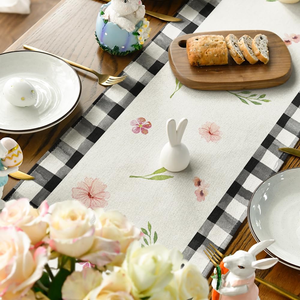 Buffalo Plaid Bunny Ear Foot Flower Easter Table Runner, Seasonal Spring Kitchen Dining Table Decoration for Home Party Decor 13 × 72 Inch — image 4