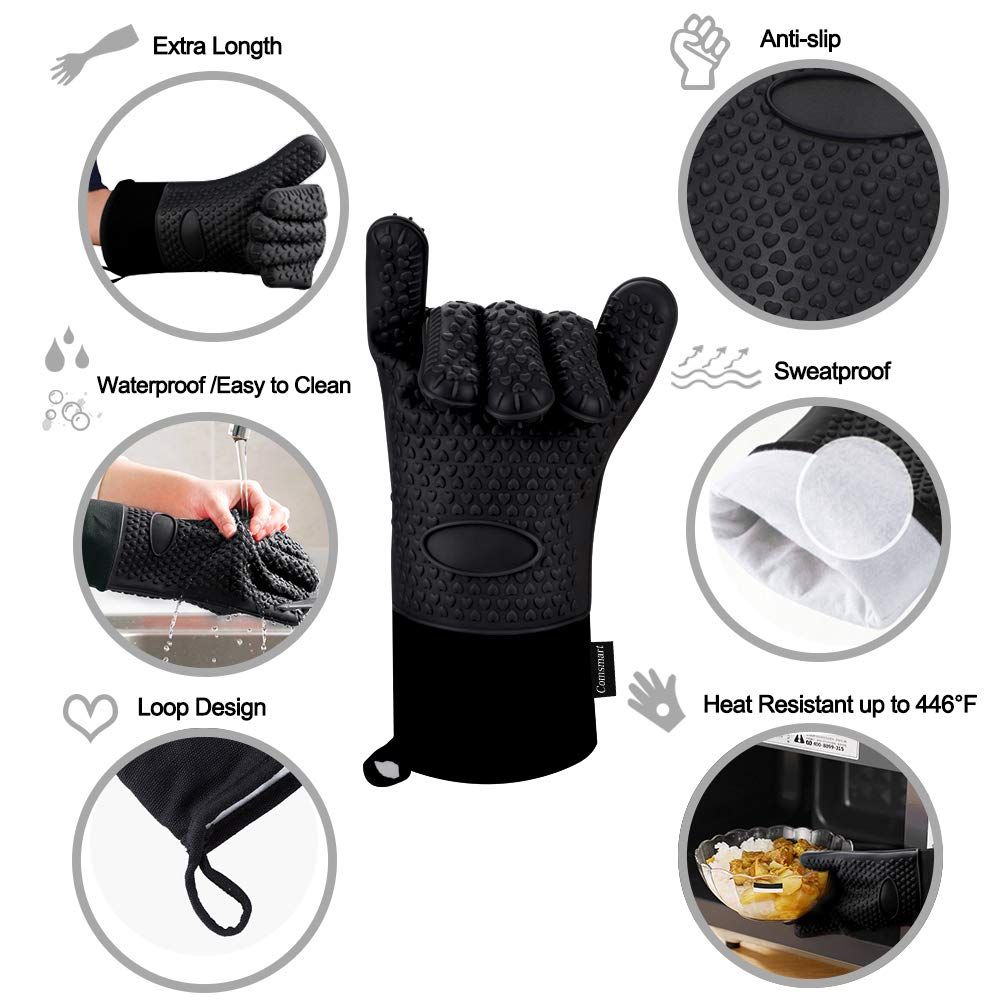 BBQ Gloves, Heat Resistant Silicone Grilling Gloves, Long Waterproof BBQ Kitchen Oven Mitts with Inner Cotton Layer (Black)