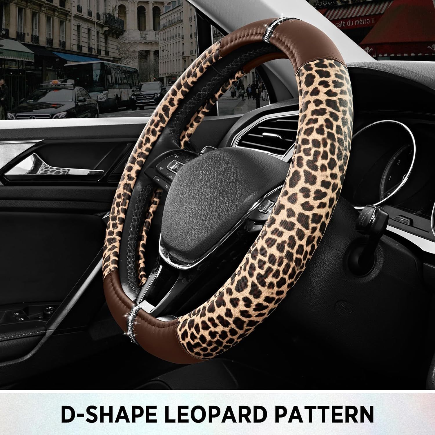 Leopard Steering Wheel Cover for Women, Cute Anti-Slip Microfiber Leather, Fits D Shape Flat Bottom Steering Wheel 14.5-15 Inch - Brown โ image 6
