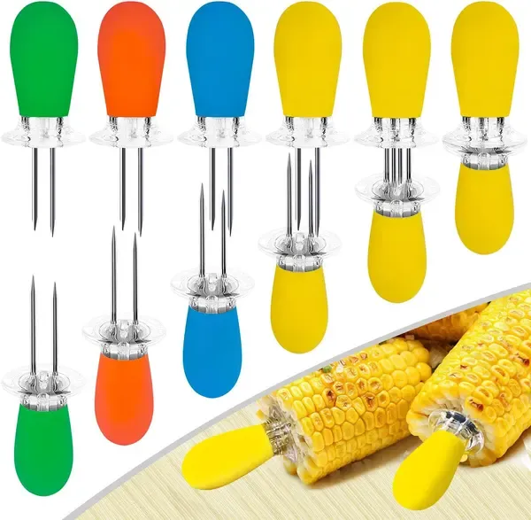 12 Pack Corn Cob Holders, Stainless Steel Twin Prong Skewers With Interlocking Silicone Handles for BBQ Home Outdoor, Multicolor