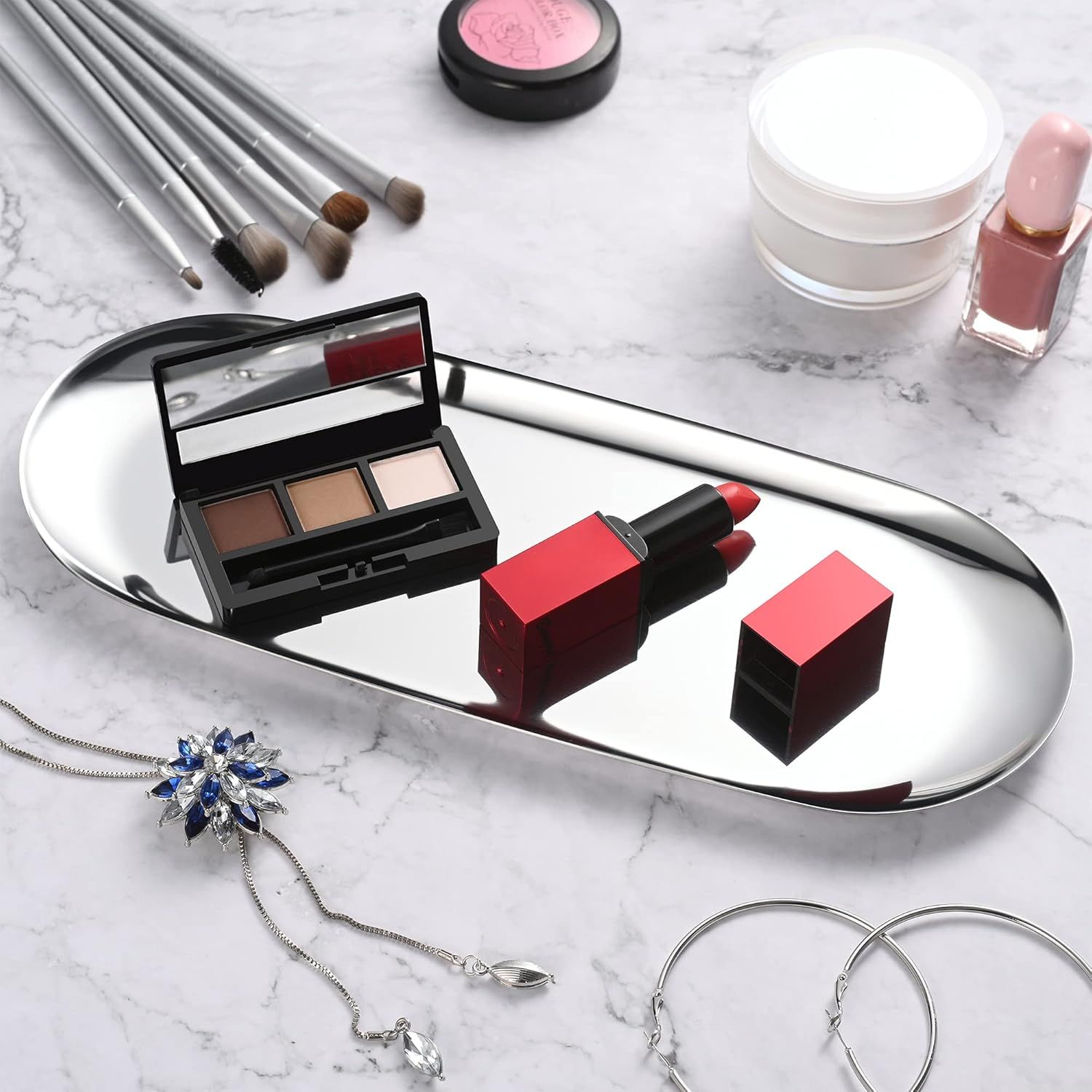Silver Oval Vanity Tray, Stainless Steel Jewelry Tray, Bathroom Tray, Makeup Cosmetic Trays,Towel Napkin Tray,Storage Organizer,11.8 x 4.8 inches (L*W), Large โ image 5