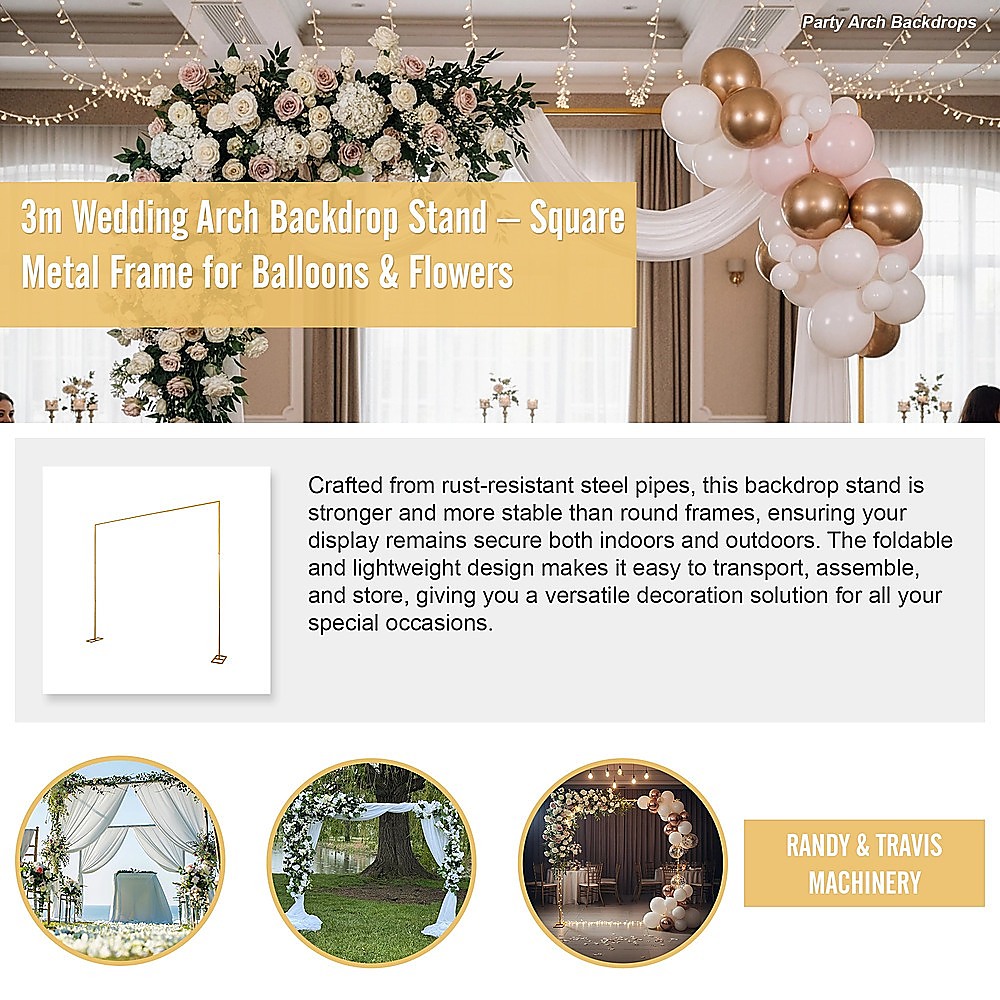 3m Wedding Arch Backdrop Stand โ Square Metal Frame for Balloons & Flowers โ image 5