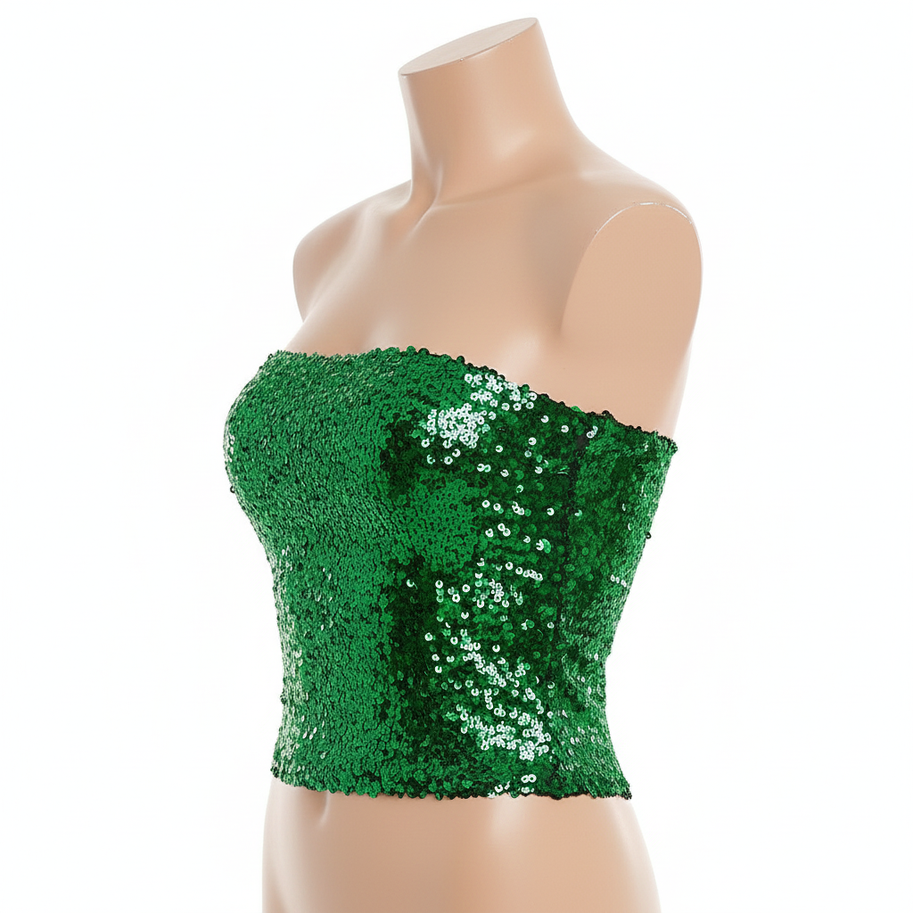 Womens SEQUIN BANDEAU CROP TOP Sparkling Sparkly Costume Tube - Green — image 3