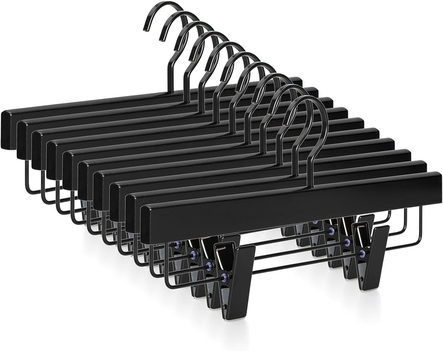 TOPIA HANGER Black Wooden Pants Hangers, Wood Skirt Hangers with Clips, Deluxe Jeans Hanger with 360° Swivel Anti-Rust Flat Hook, Smooth Finish Wood Hangers