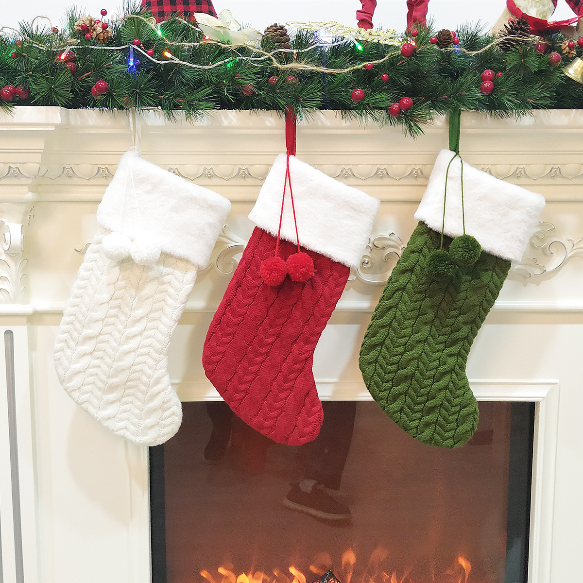White Large Cable Knit Christmas Stocking - Classic 43cm Holiday Decor for Fireplace Hanging โ image 2