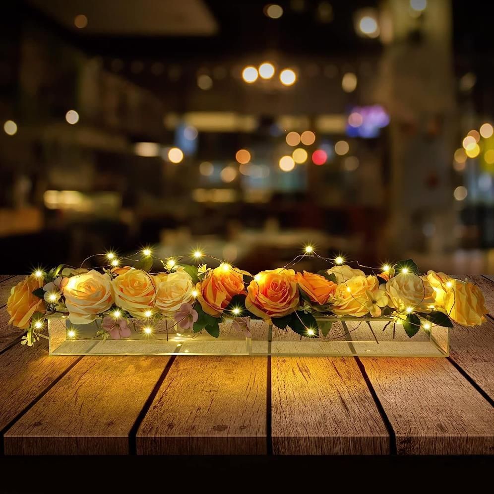 Clear Acrylic Flower Vase with Holes & LED Light for Flowers, Rectangular Acrylic Floral Table Centerpiece Vases for Dining Table — image 3