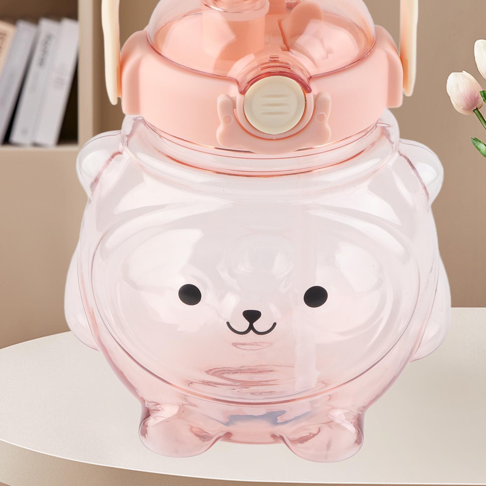 Large Water Bottle 1000ml Cartoon Bear Shape Portable Drinking Bottle with Straw Strap for Summer Pink — image 6