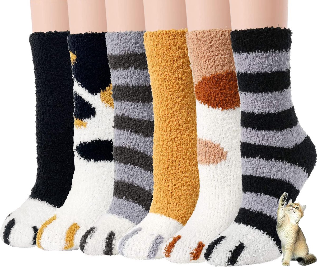 Warm Winter Socks Ladies - Set of 6 Pairs - Ladies Plush Socks - Women's Socks - House Socks - Sleep Socks - Fluffy Socks - Cat Claw - Cute Animal Socks