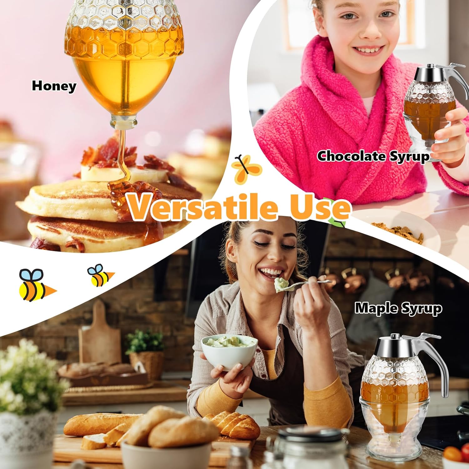 Honey Dispenser, Glass Honey Dispenser No Drip, Honey Pot with Stand, 8 oz Honey Jar, Maple Syrup Honey Container, Elegant Honeycomb Design for Home Decor for โ image 4