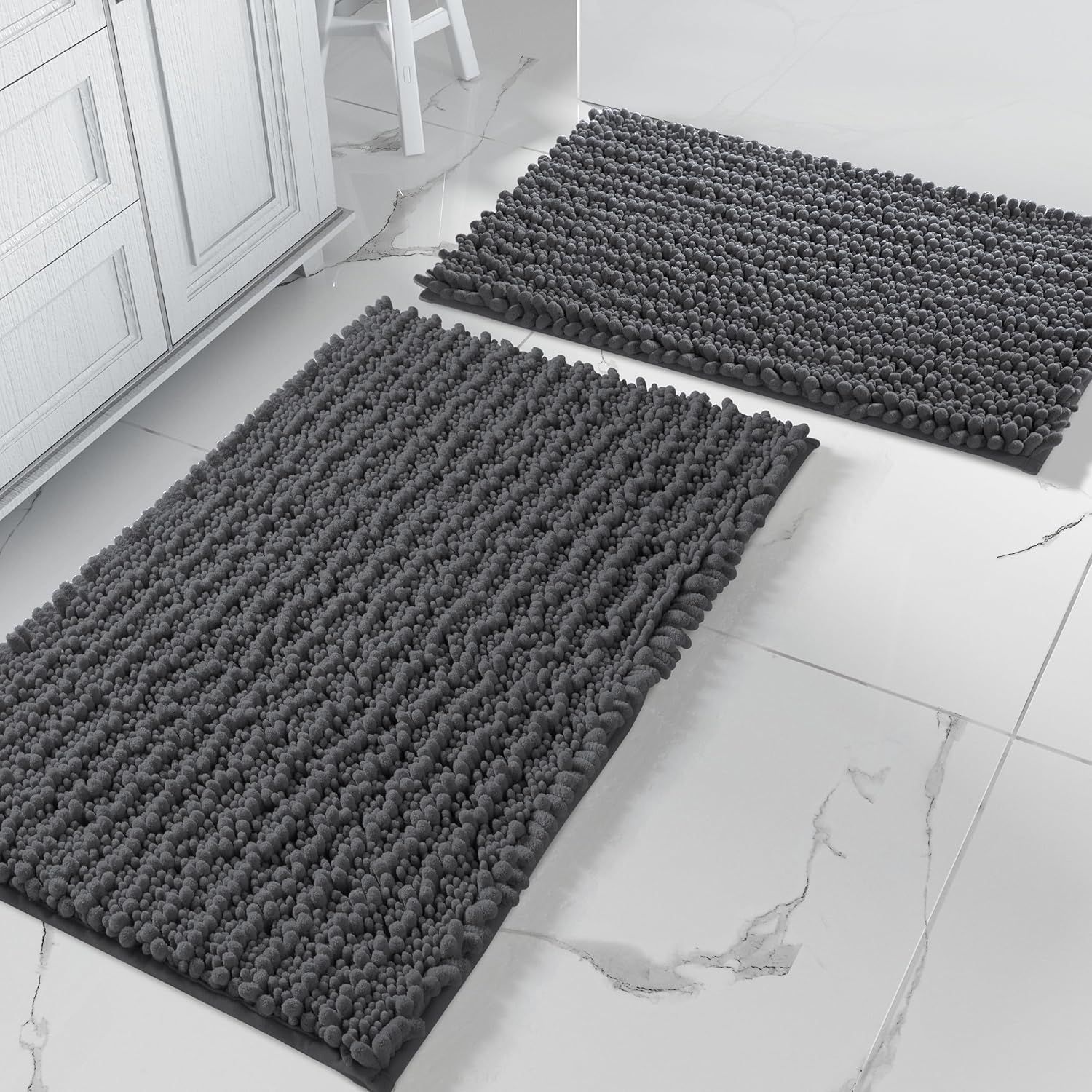 2 Pack Bathroom Rug Sets, Luxury Chenille Shaggy Bath Carpet, Soft Thick, Absorbent Water, Non-Slip, Machine Washable, Dark Grey