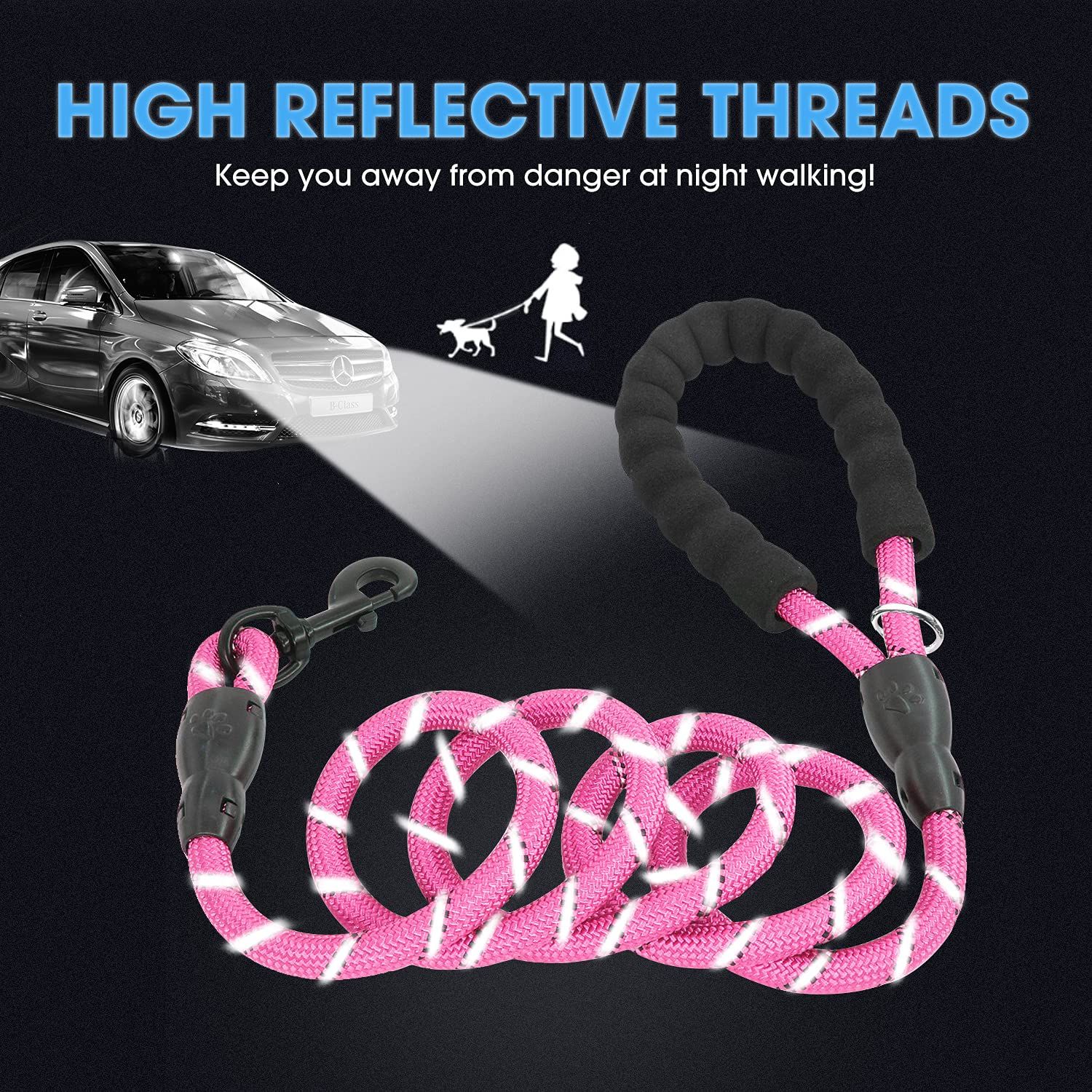 Rope Dog Leash with Comfortable Padded Handle and Highly Reflective Threads for Small Medium Dogs — image 4