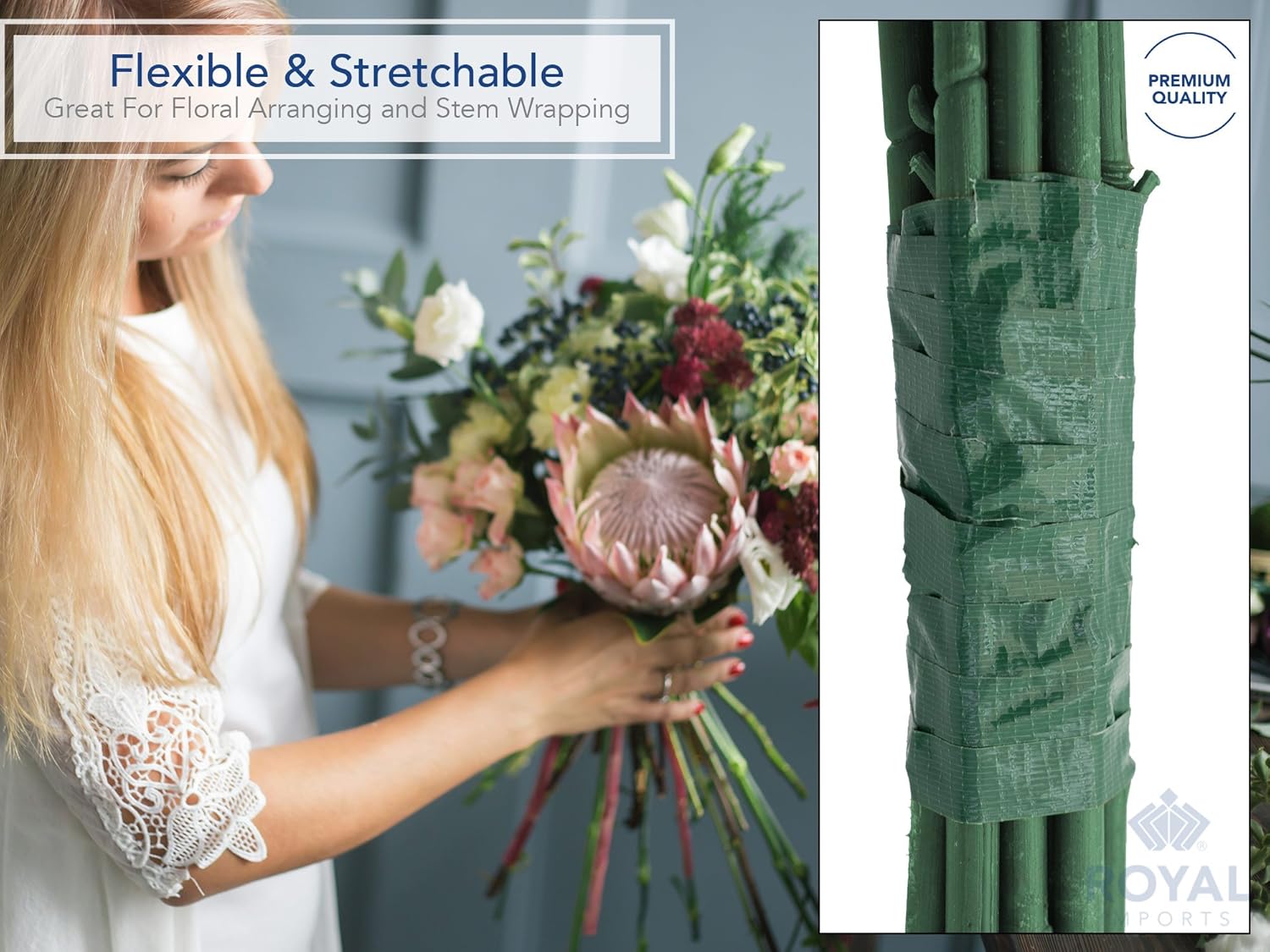 Floral Tape Green, Flower Stem Wrap Adhesive Waterproof Florist Tape for Decorative Bouquets Arranging and Crafts - 0.5" (60 Yd/180Ft) - 1 Roll β image 3
