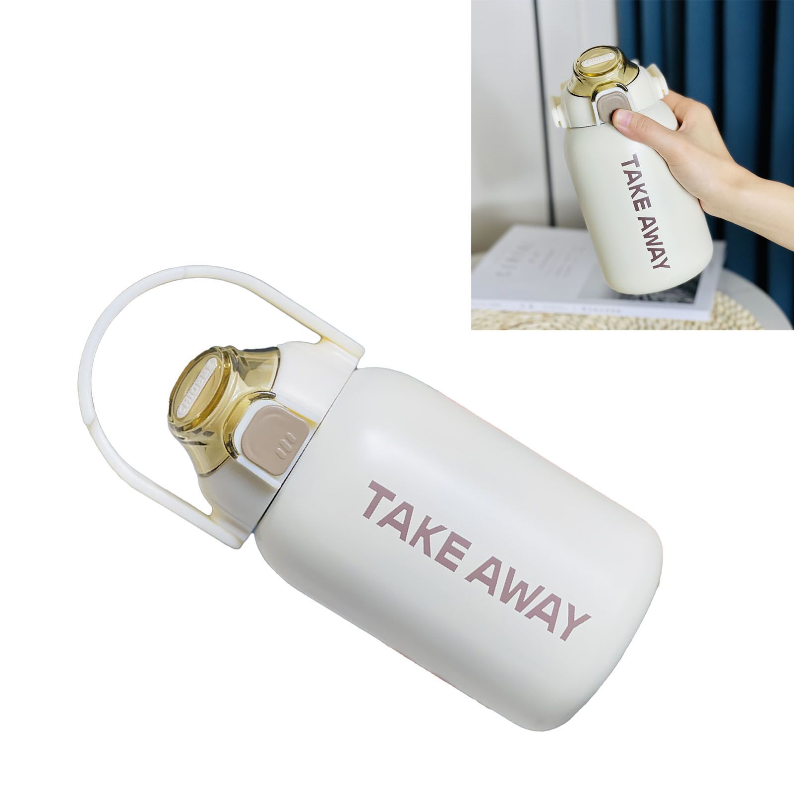 850ml Insulated Water Bottle Large Capacity with Bounce Cap Straw Winter Insulated Cup for Outdoor Beige — image 6