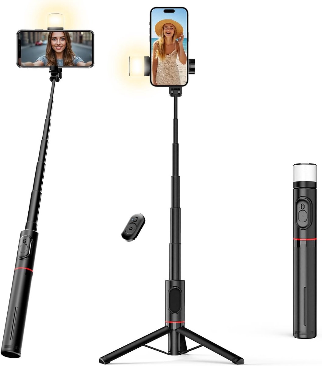 Selfie stick - Phone tripod - Tripod with auxiliary light - Mobile phone holder - With lighting function - Remote control - 75mm aluminum phone holder - Selfie