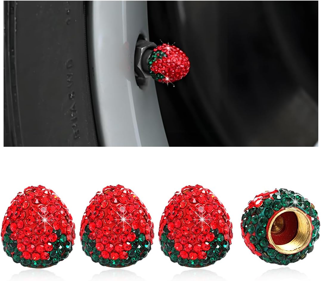 4PCS Strawberry Car Tire Valve Stem Caps, Cute Sparkling Rhinestone Dustproof Wheel Valve Stem Cover, Bling Strawberry Tire Valve Air Cap Cover for Car Truck