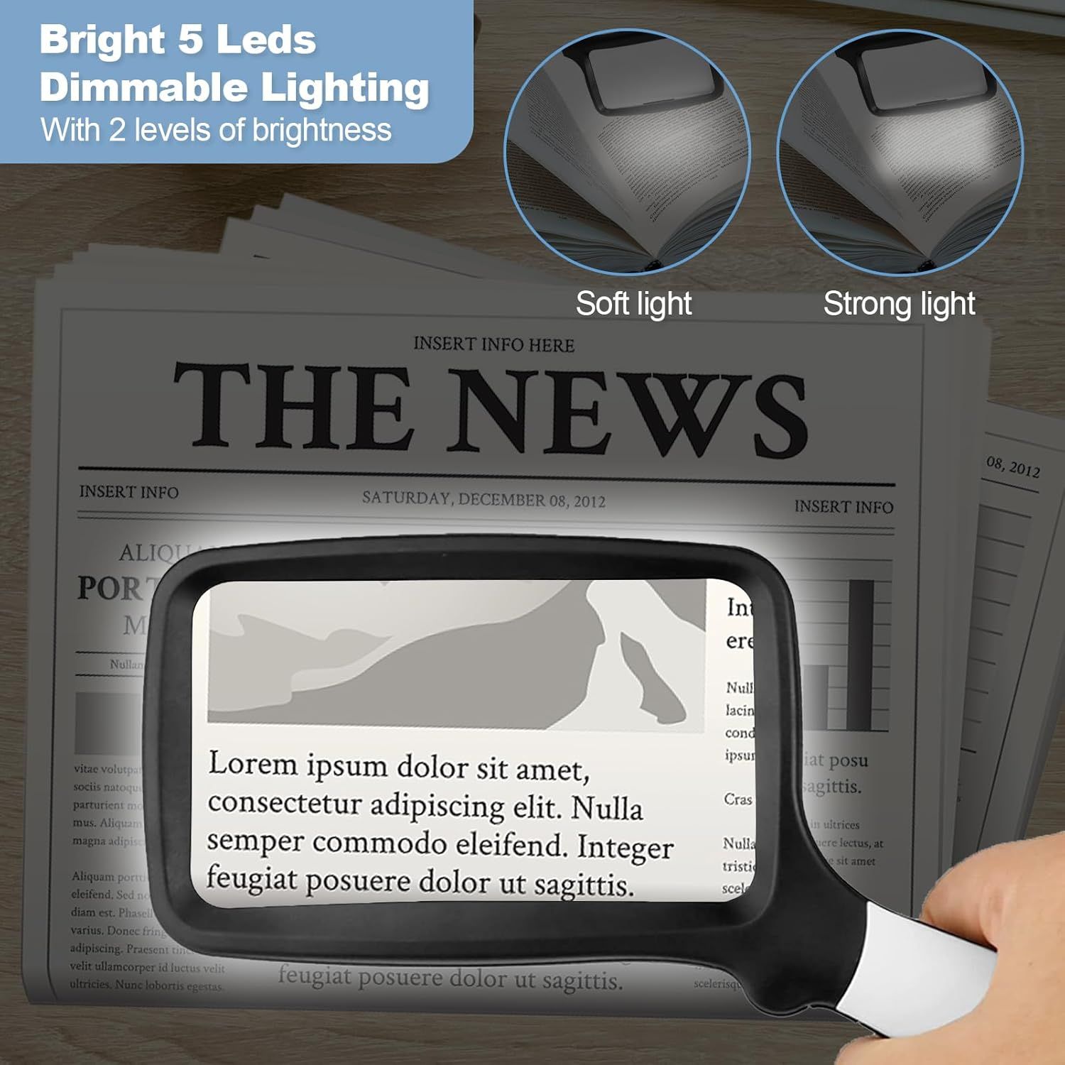 olding Handheld Magniying Glass with Light, 3X Large Rectangle Reading Magniier with Dimmable LED or Macular Degeneration Seniors Reading Inspection Coins — image 4
