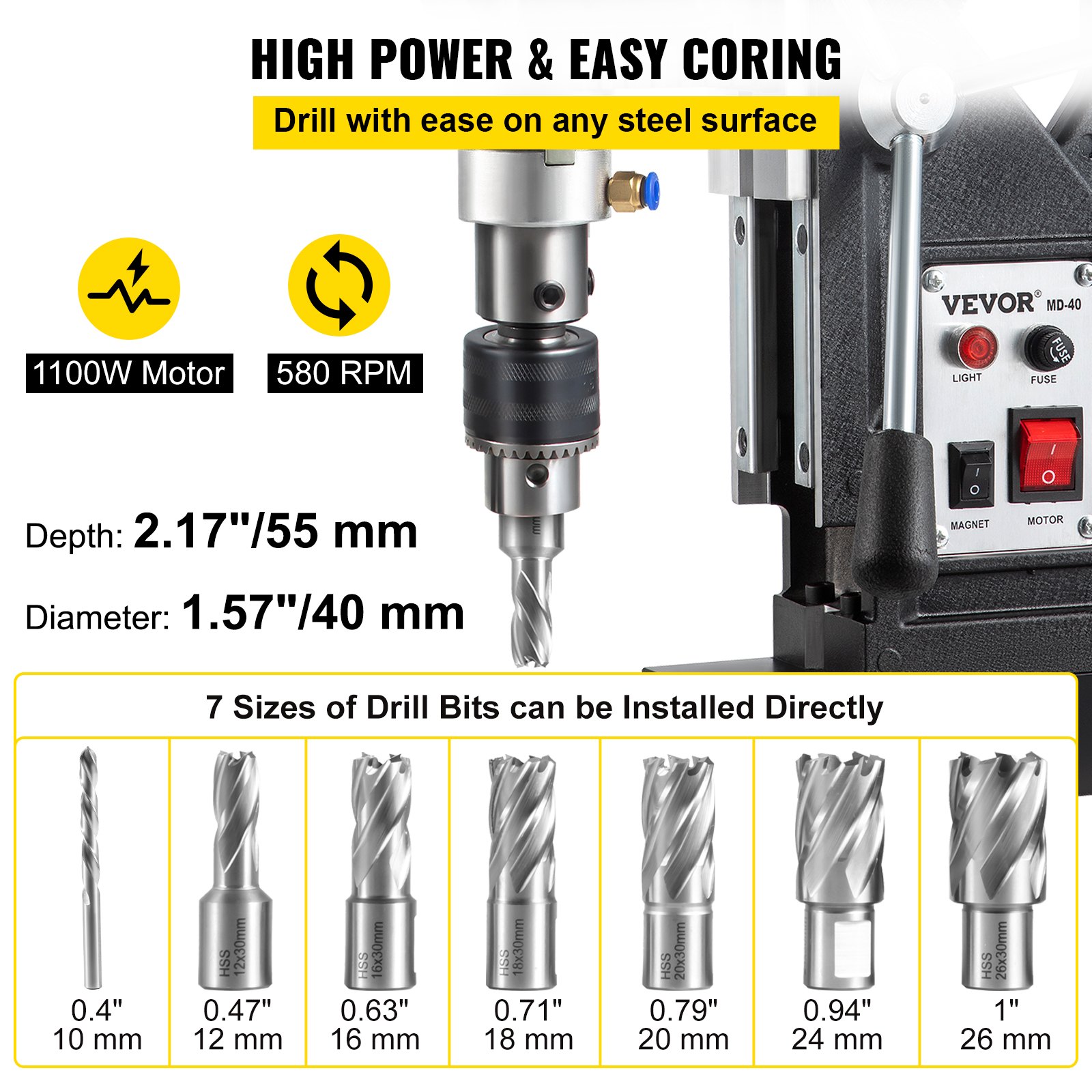 Magnetic Drill, 1100W 1.57" Boring Diameter, 2697lbf/12000N Portable Electric Mag Drill Press with 7 Bits, 580 RPM Max Speed Drilling Machine for any Surface — image 3