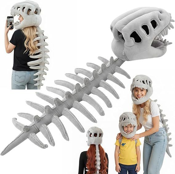 80CM Grey Funny Dinosaur Skeleton Plush Headwear – Quirky Bone Fossil Plushie Hat & Huggable Doll for Party Costumes and Birthday Gifts — image 2