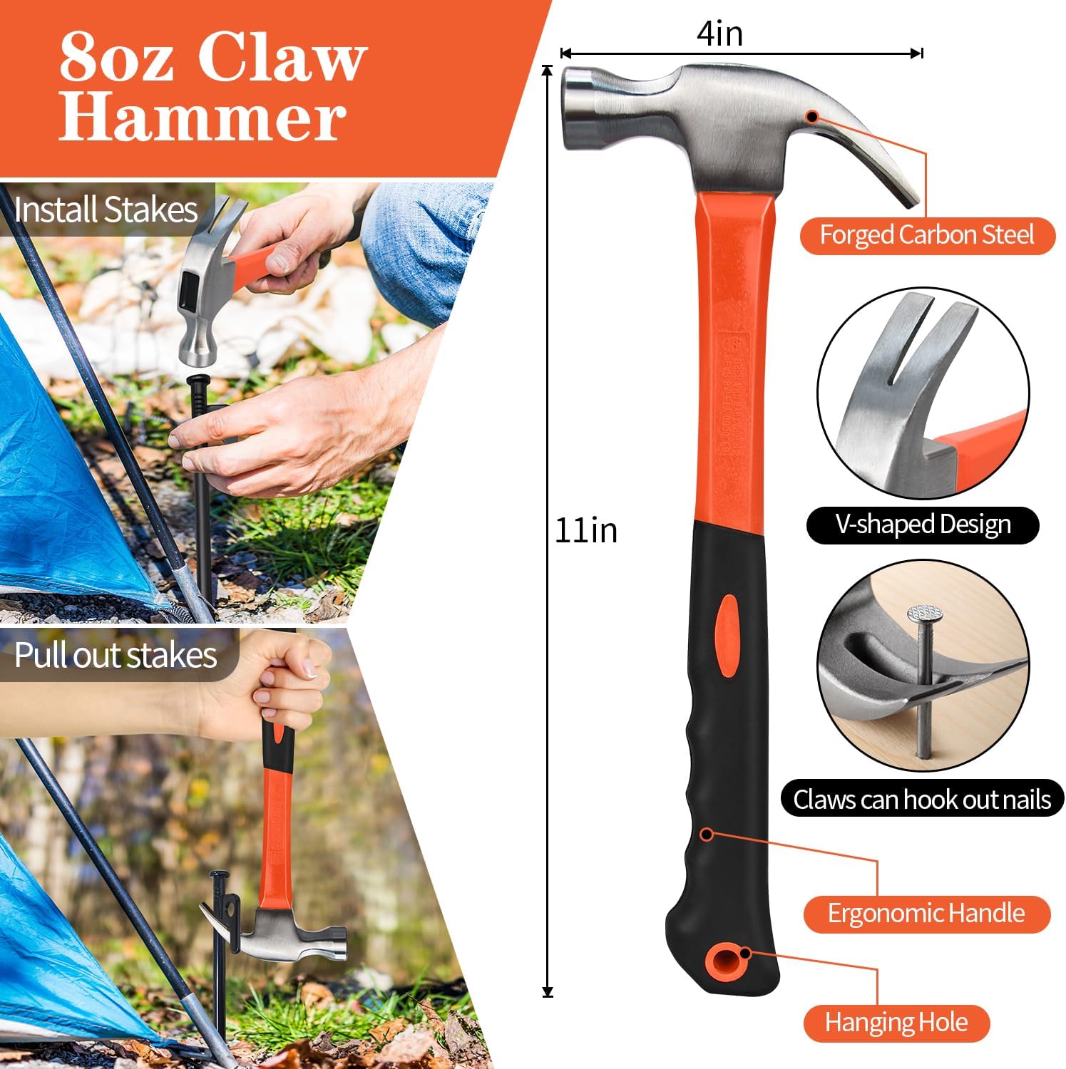 8 Pack 8in Heavy Duty Forged Steel Tent Stakes and Hammer Set, with Storage Pouch, Available in Rocky Place — image 4