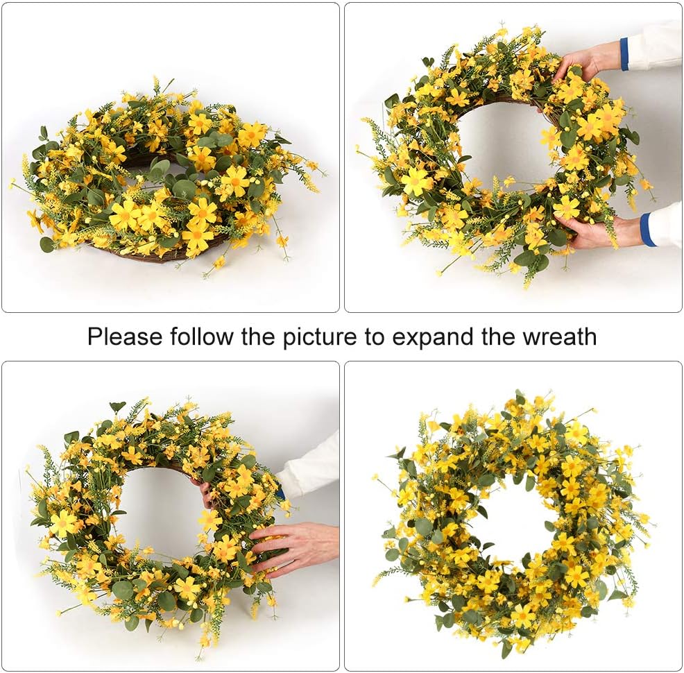 Artificial Spring Wreath 22 Inch Summer Wreaths for Front Door Yellow Daisy Wreath for Indoor Outdoor Home Decor and Easter Celebration — image 6