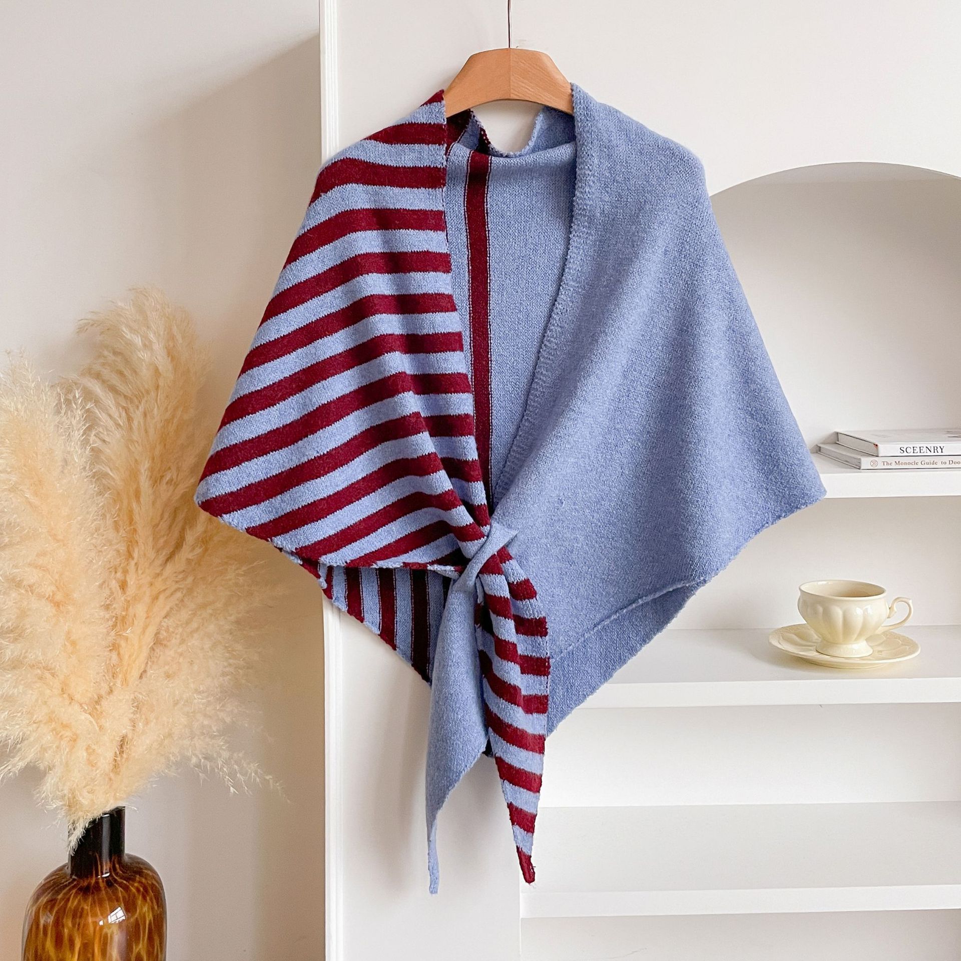 Black and Grey Color blocking Striped Women's Triangle Shawl Cape - Soft Knit Faux Cashmere Poncho Wrap, Lightweight Warm Pullover for Office Travel & Daily โ image 3
