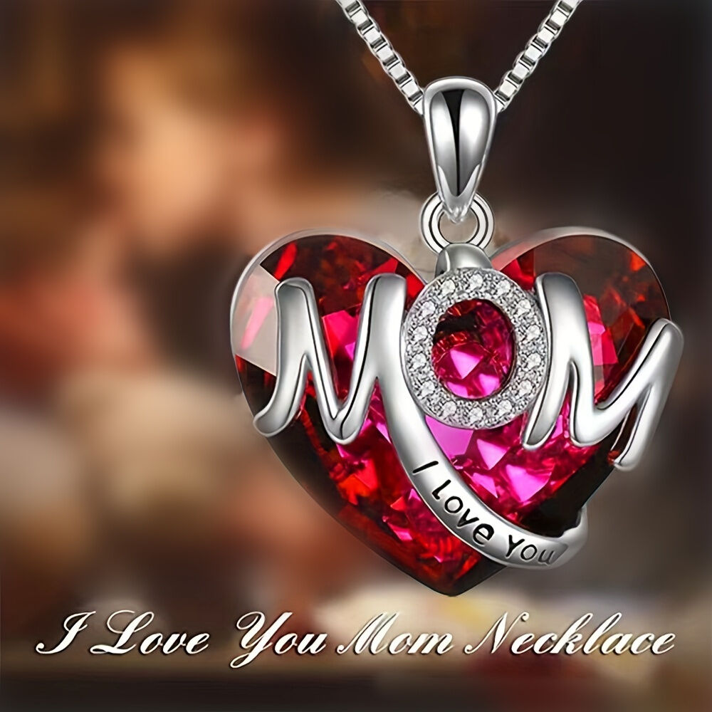 BLUE Exquisite Heart-shaped Blue Crystal "MOM" Pendant Necklace - Fashionable Women's Mother Necklace, Warm Family Love Jewelry, Romantic Mother's Day Gift — image 6