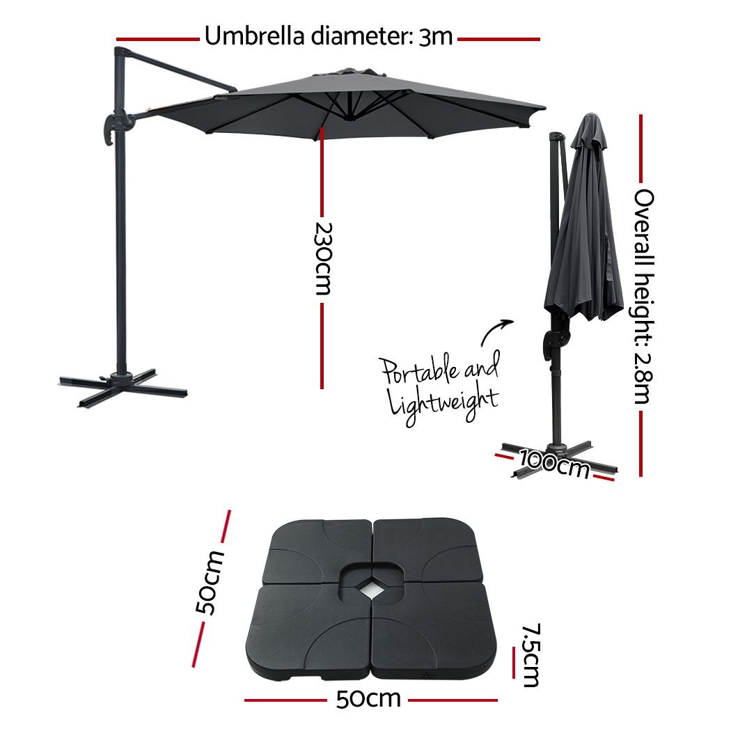 Instahut 3m Outdoor Umbrella w/Base Cantilever Beach Roma 360 Degree Tilt Charcoal โ image 2