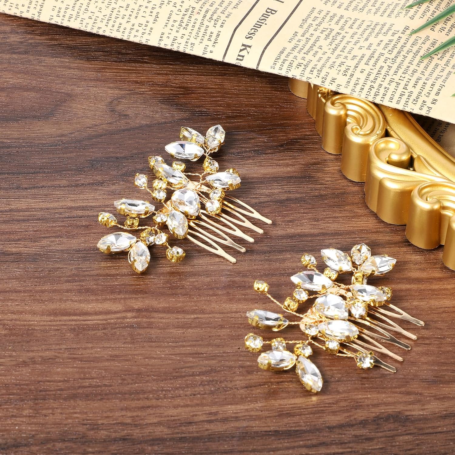 2 Pcs Bridal Hair Comb Gold Hair Piece Accessory Gold Rhinestone Hairs Accessories Golden Hairs Piece Sparkle Metal Crystal Accessories for Bride Bridesmaids — image 3
