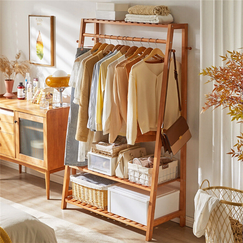 Bamboo Clothes Hanging Garment Rack Portable Laundry Rack Closet Storage Shelves — image 6