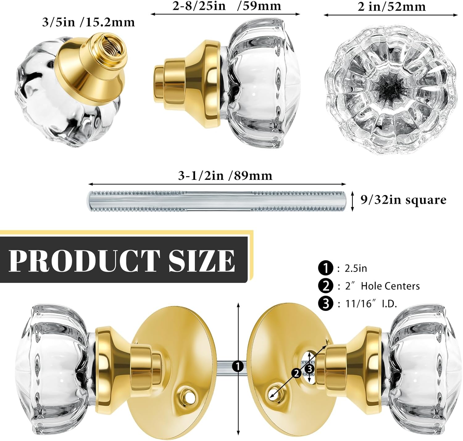 Amylove 1 Set Glass Door Knobs Antique Crystal Door Knobs Vintage Mortise Style Fluted Replacement Kit with 2-1/2 in Satin Brass Privacy for Bedroom
