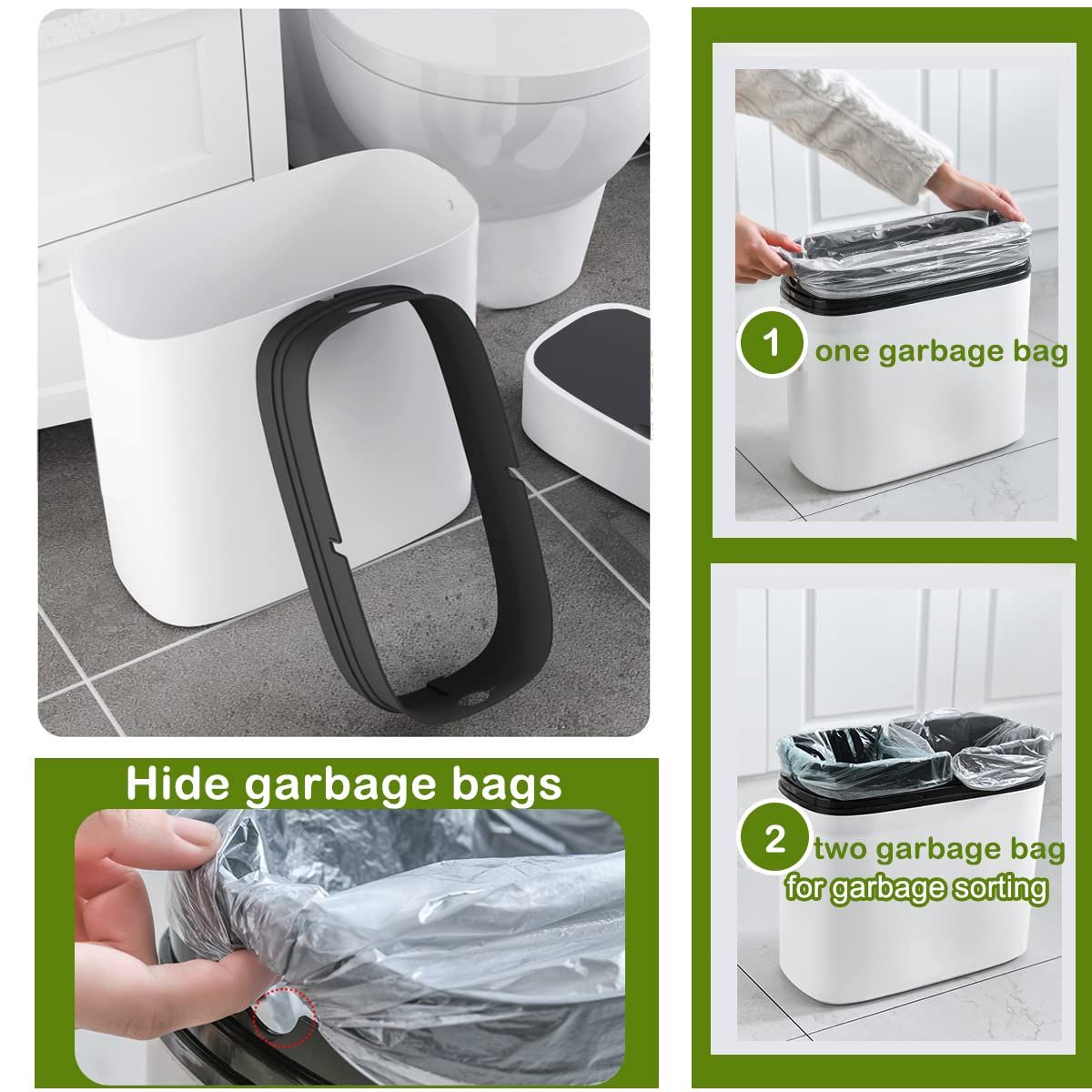 Plastic Trash Can with Lid,14 L/3.7 Gallon Garbage Can,Modern Grey Waste Basket Thin Trash Cans for Bathroom,Living Room — image 2
