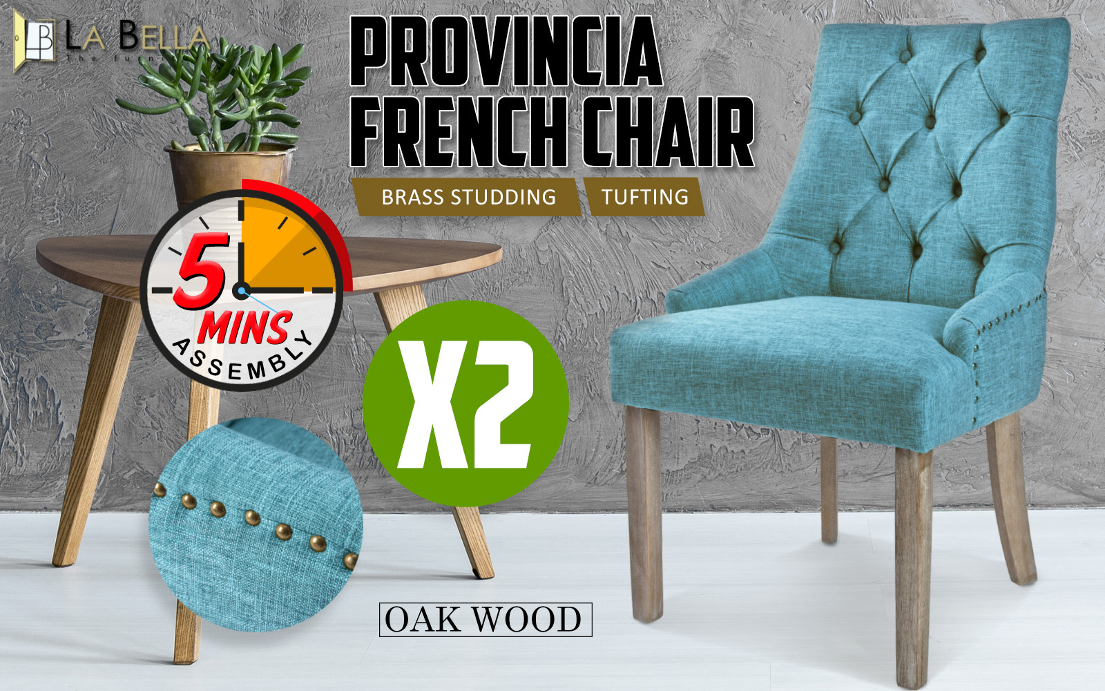 2X French Provincial Dining Chair Oak Leg AMOUR BLUE โ image 2