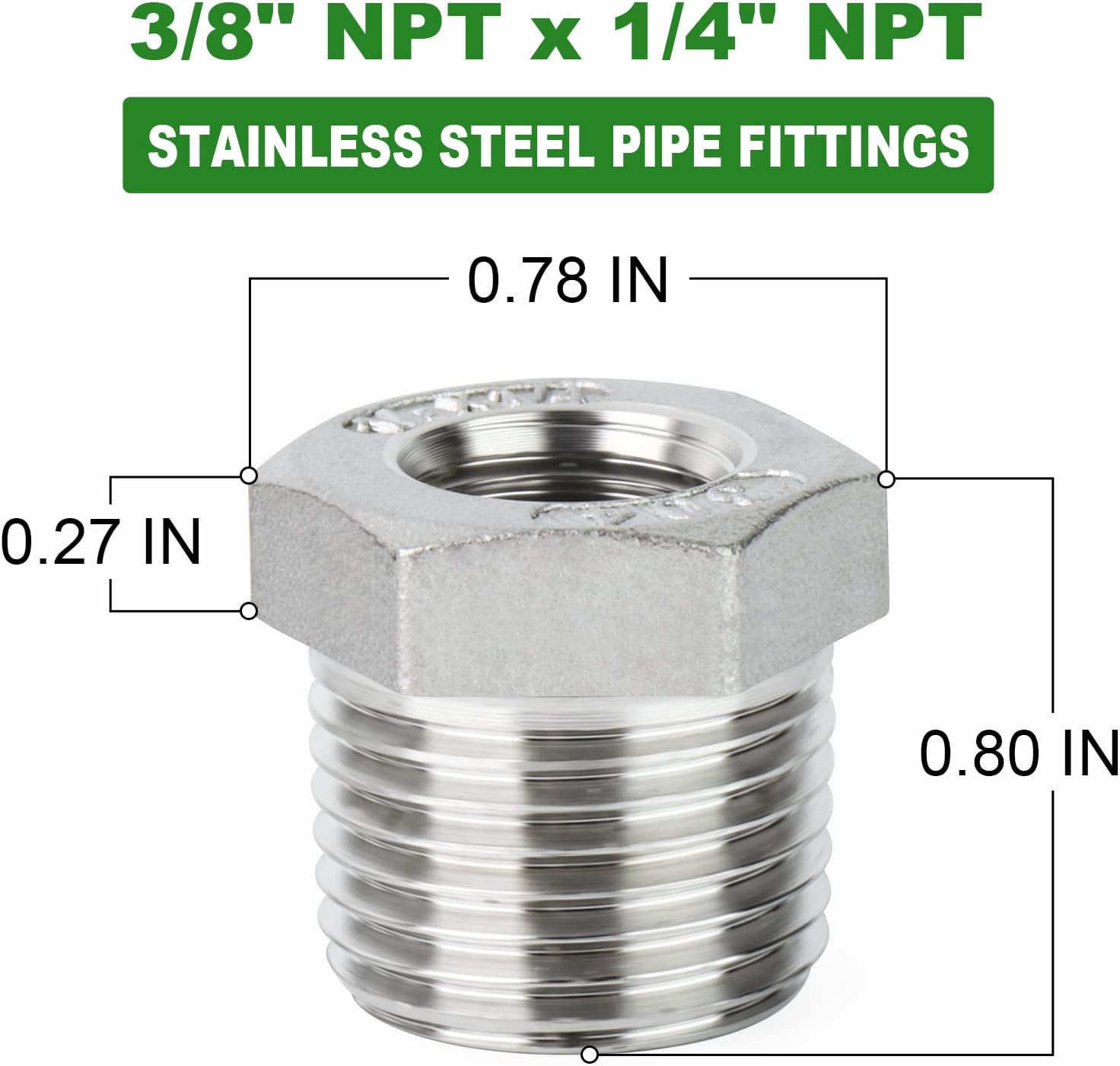 10PCS 304 Stainless Steel Reducer Hex Bushing, 3/8" NPT Male x 1/4" NPT Female, Reducing Pipe Adapter Fitting โ image 3