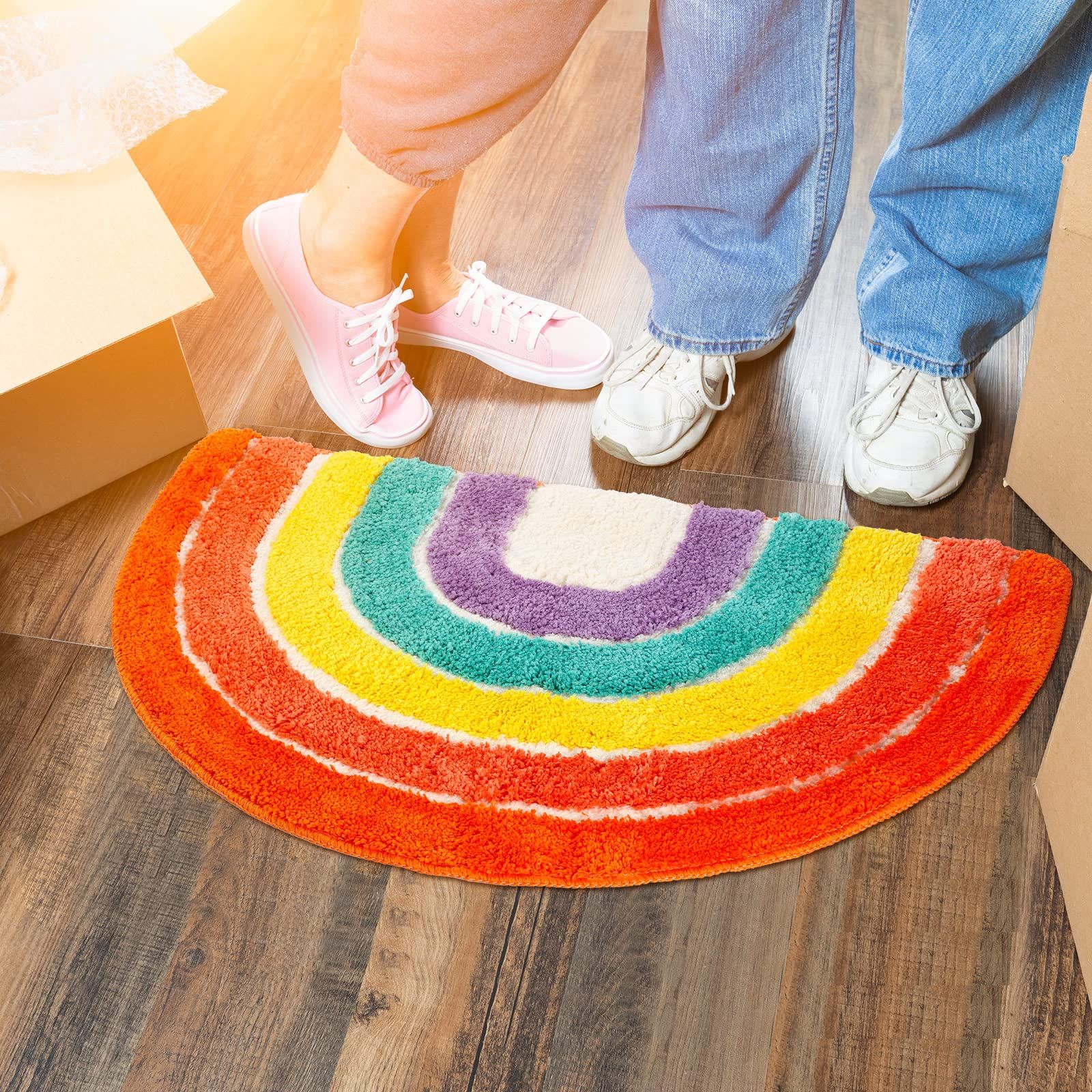 Rainbow Bath Mat Colorful Flocking Rainbow Bathroom Rugs Microfiber Absorbent Non Slip Rainbow Rug Bath Room Front Door Machine — image 3