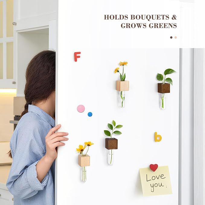 Magnetic Test Tube Flower Vases for Refrigerator, Set of 2 Wooden Fridge Magnet Planters with Glass Tubes – Light & Dark Wood Color, Propagation Station for — image 3
