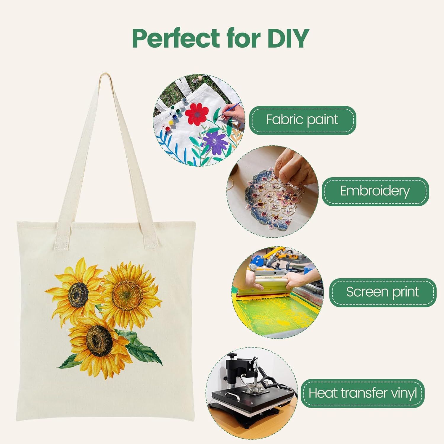 12 Pack Canvas Tote Bag - Lightweight Thin Tote Bags Bulk Blank Shopping Reusable Grocery Bags for DIY Gift Sublimation Activity - Beige โ image 6