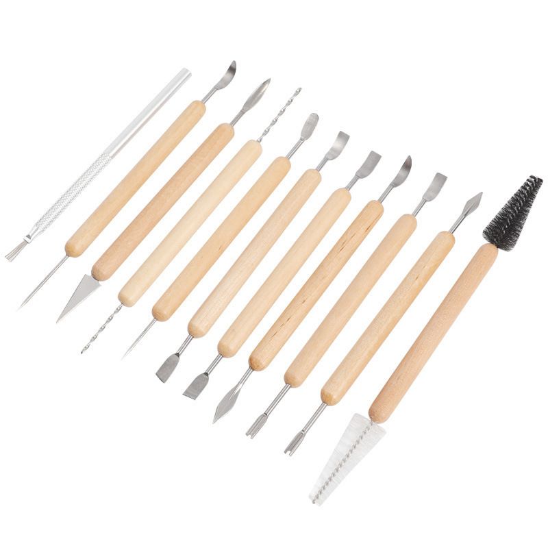 11 Pcs Pottery Clay Sculpting Tools, Double-Sided, Ceramics Tools Smooth Wooden Handles for Trimming, Embossing Pattern — image 3